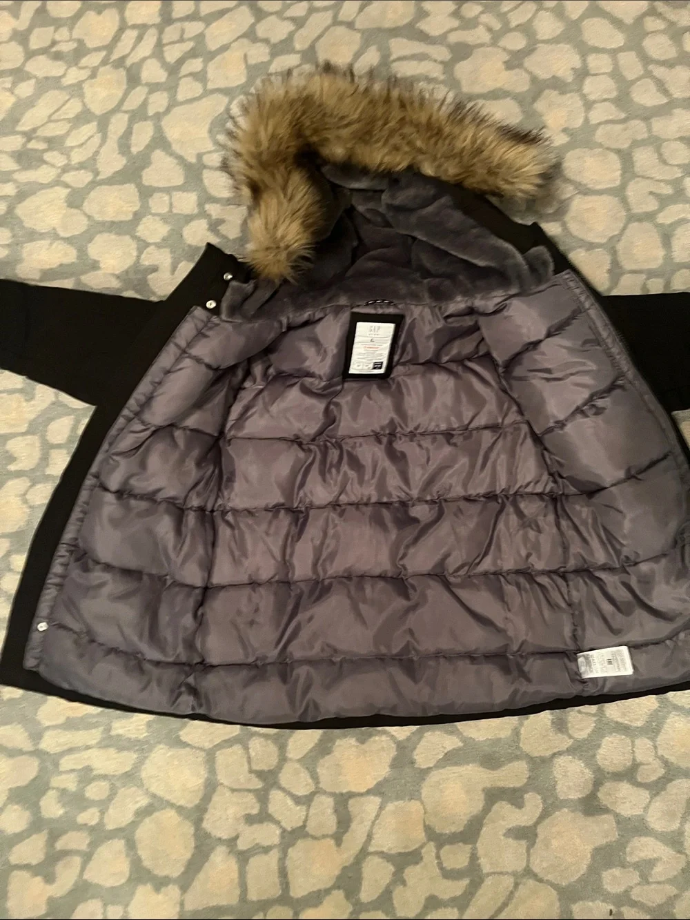 GAP Black Puffer Coat with Faux Fur Hood.